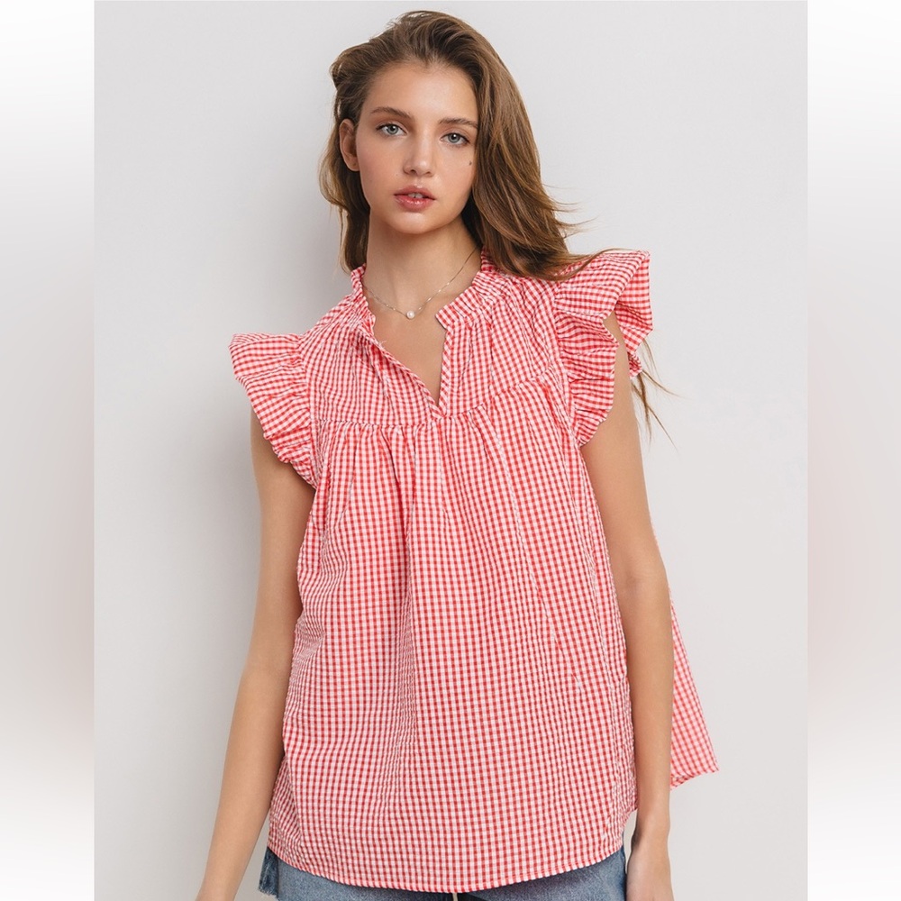 Gingham Ruffled Sleeveless Blouse